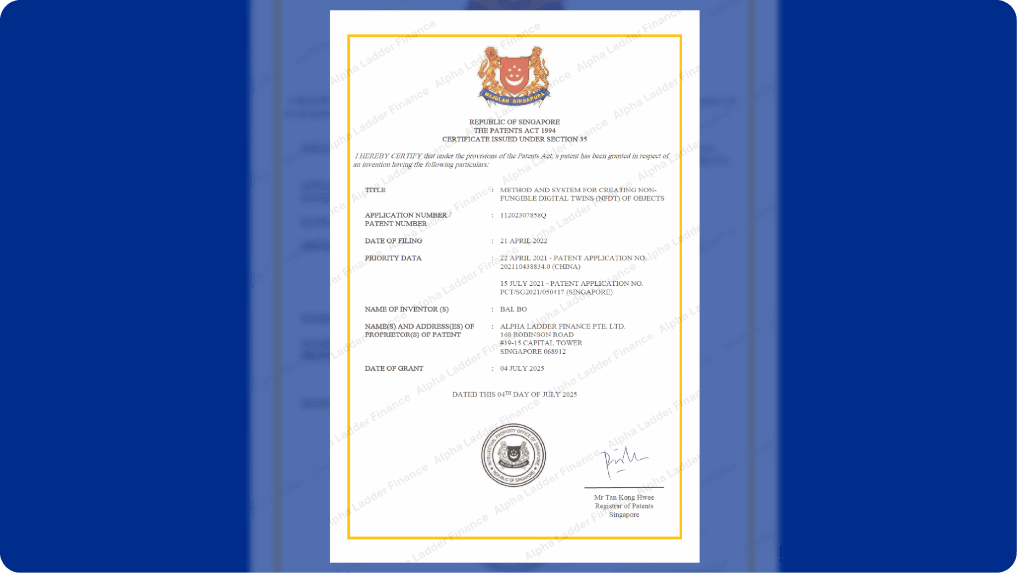Alpha Ladder Finance Secures Foundational Patent for Real-World Assets Tokenisation (RWA Token) with Its Non-Fungible Digital Twin (NFDT) Technology